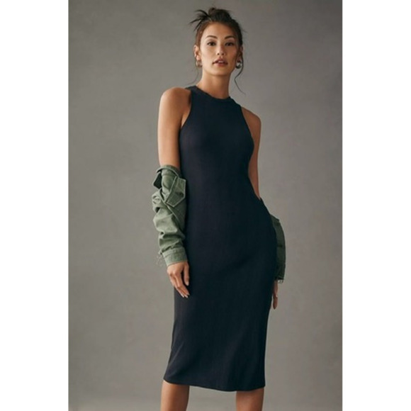Daily Practice Anthropologie Slim Racer Midi Dress Black Stretch Womens Large - Picture 1 of 15